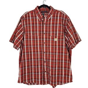 Carhartt Men's Loose Fit Short Sleeve Plaid Button Down Shirt Red Orange XL